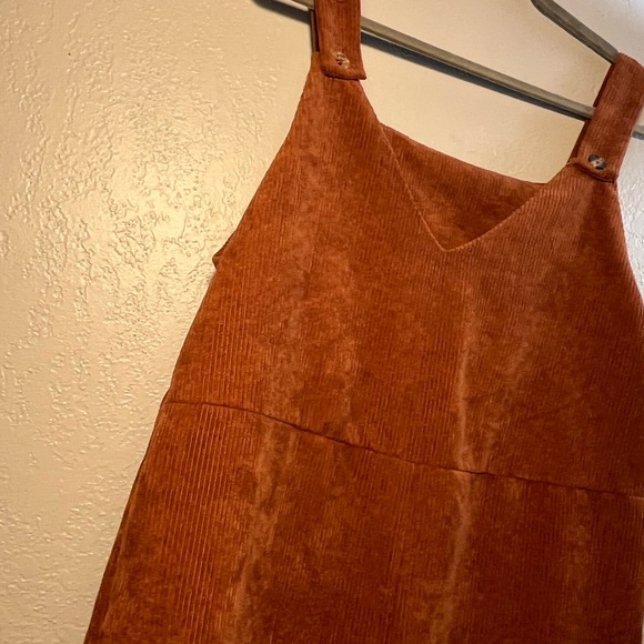 Shien Rust Brown Corduroy Overalls SZ L V Neck One-Piece Long Dress - Picture 4 of 8